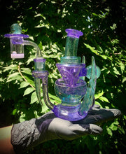 Load image into Gallery viewer, Rosco Glass Purple Lollipop and Emerald Dichro over Sapphire Upside down Recycler Set