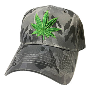 Grey Camo Baseball Hat W/ Green Embroidered Pot Leaf