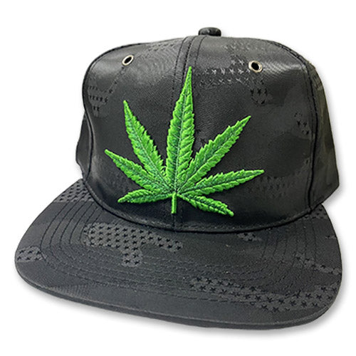 Murdered Black On Black American Flag & Camo Flat Bill Snap Back Hat W/ Green Pot Leaf Embroidery