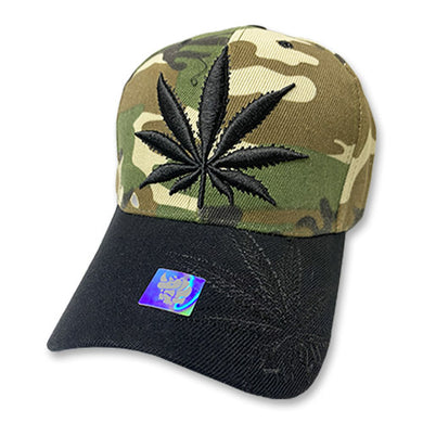 Camo Baseball Cap W/ Black Embroidered Pot Leaf