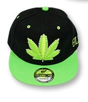 Black Snap Back Hat W/ Green Pot Leaf