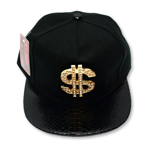 Black Snake Skin Flat Bill Snap Back Hat W/ Blinged Out Dollar Sign $