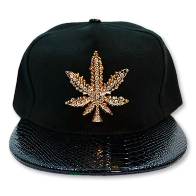 Black Snake Skin Flat Bill Snap Back Hat W/ Blinged Out Pot Leaf