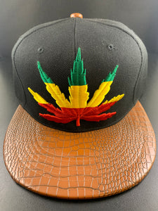 Grassroots California Embroidered Rasta Pot Leaf With Snake Skin Leather Flat Bill Snap Back Hat
