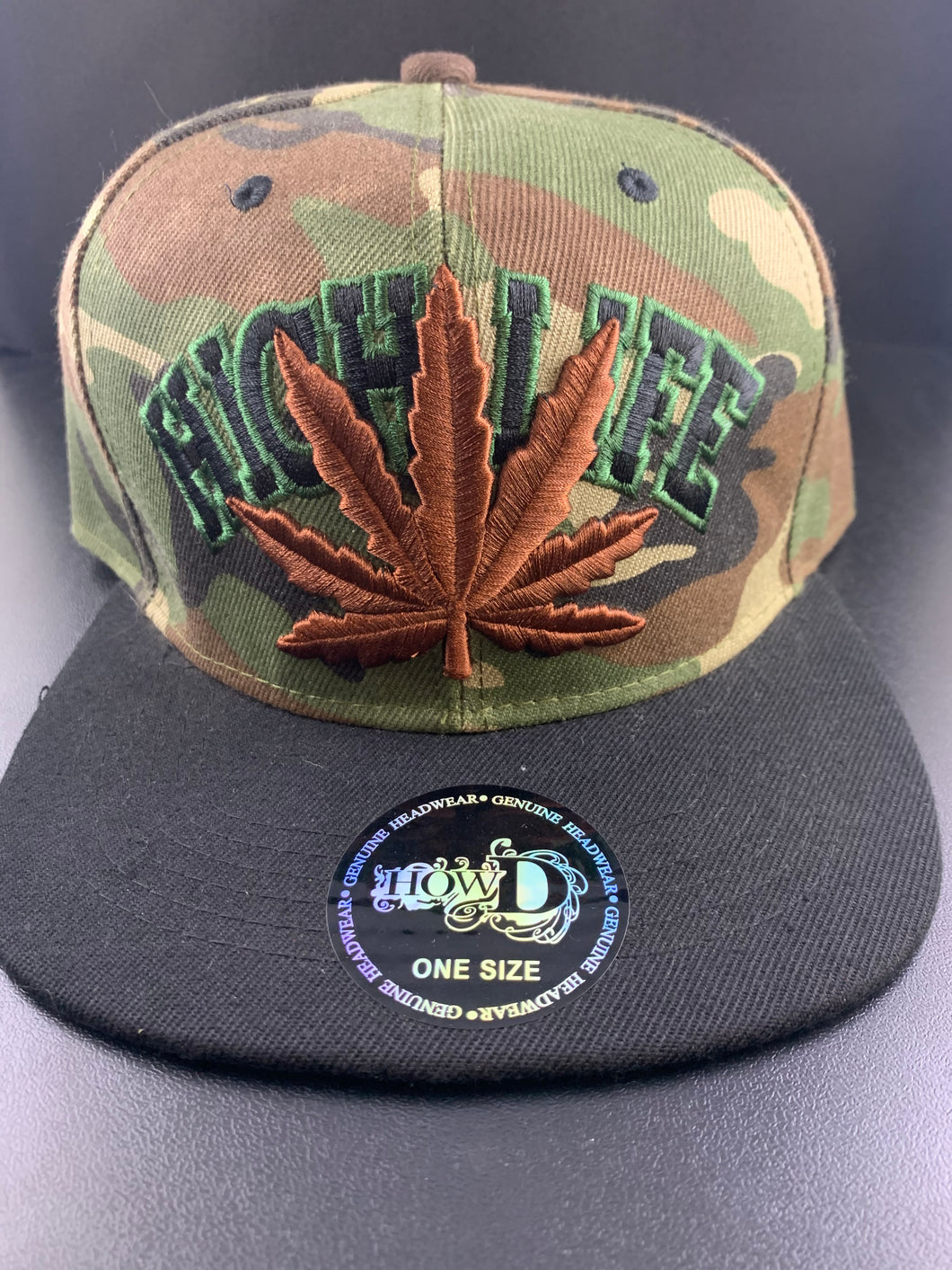 How D High Life Camo Snap Back Hat W/ Brown Embroidered Pot Leaf