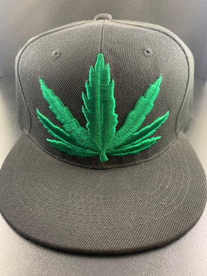 Black Snap Back Hat W/ Green Embroidered Pot